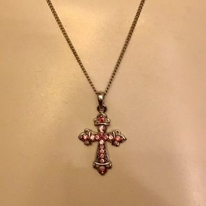 Beautiful Silver-Tone Pink Crystal Cross Pendant